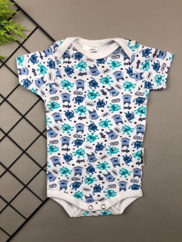 Body para Bebê Manga Curta Azul Monstro