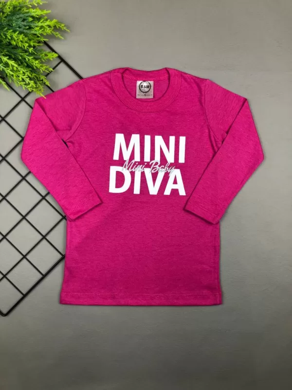 Camiseta Infantil Manga Longa Tradicional Rosa Pink Mini Diva