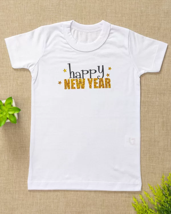 Camiseta Ano Novo Curta Infantil Tradicional Branco Happy New Year