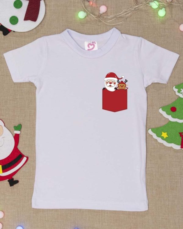 Camiseta Curta Infantil Tradicional Natal Branca Bolso Papai Noel